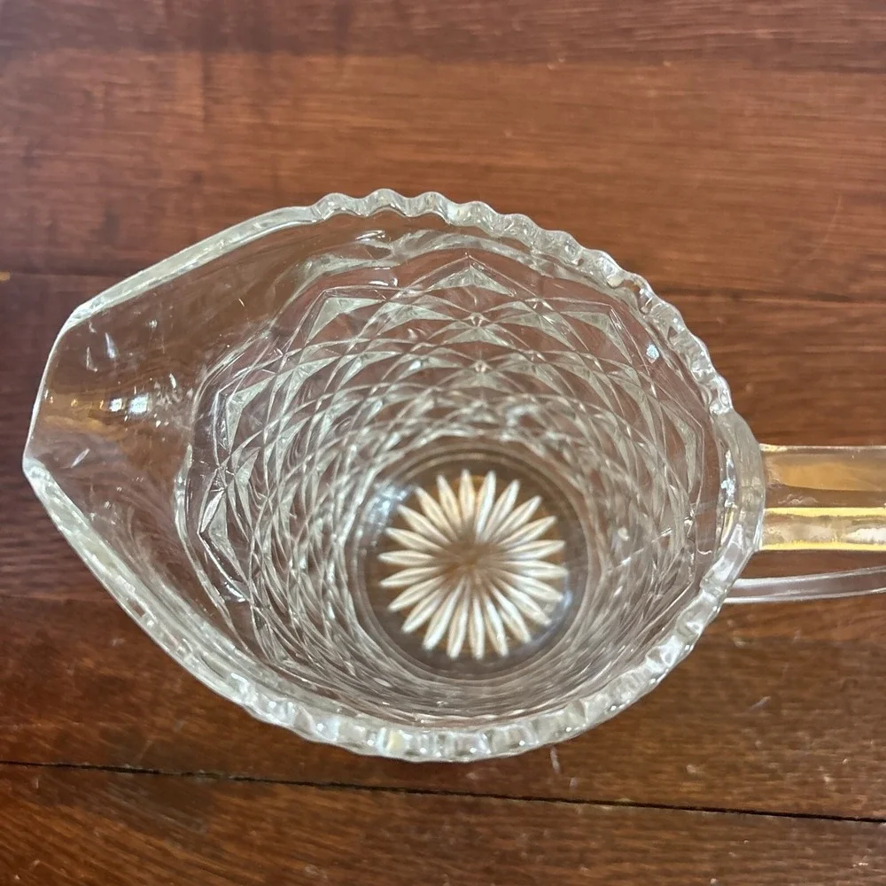 Vintage Pressed Glass Pitcher Diamond Point Sawtooth Pattern Scalloped Rim 5.5in